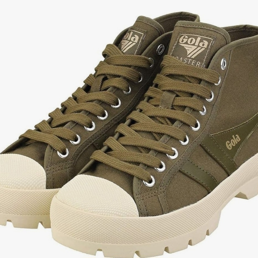 Gola khaki high top sneakers  with off white lug soles. EUC Box included.